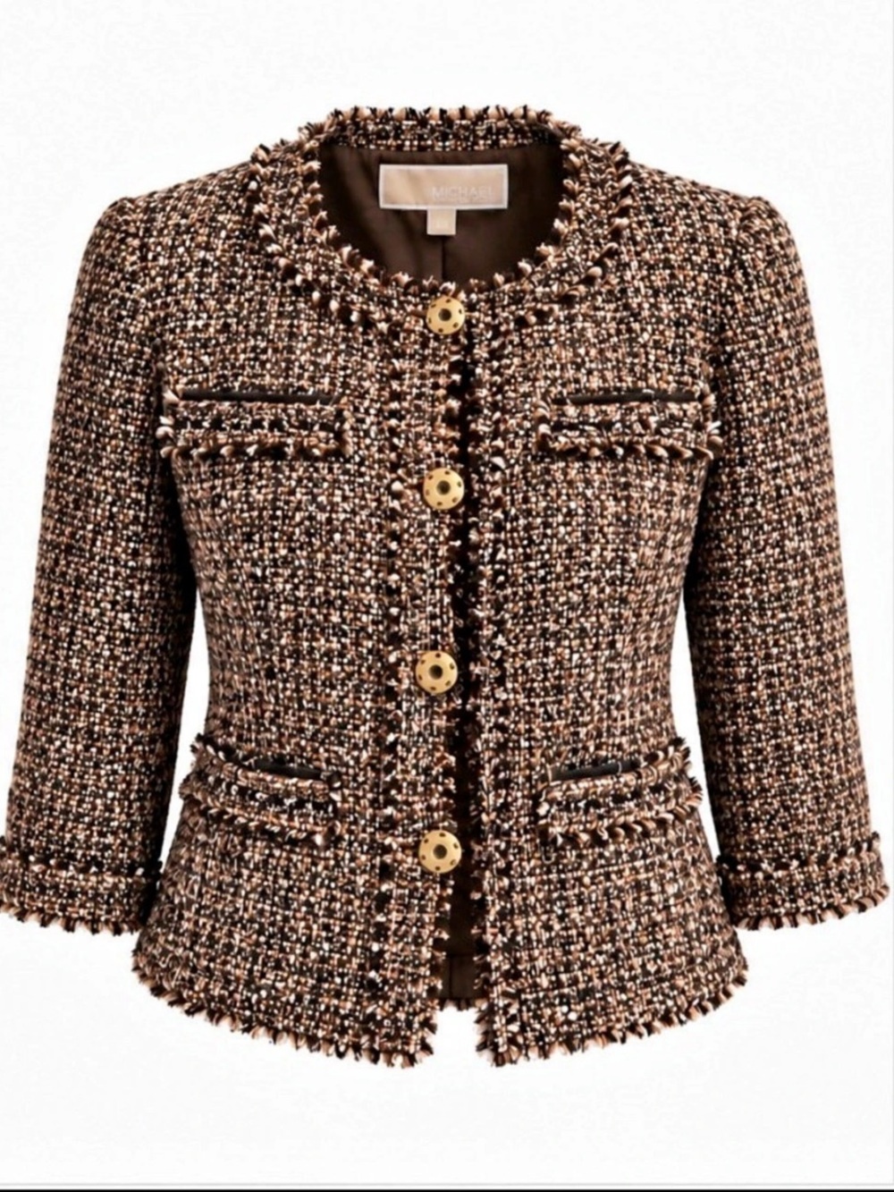 Michael Kors Brown Multicolor Bouclé Tweed Collarless Fringe Jacket/blazer